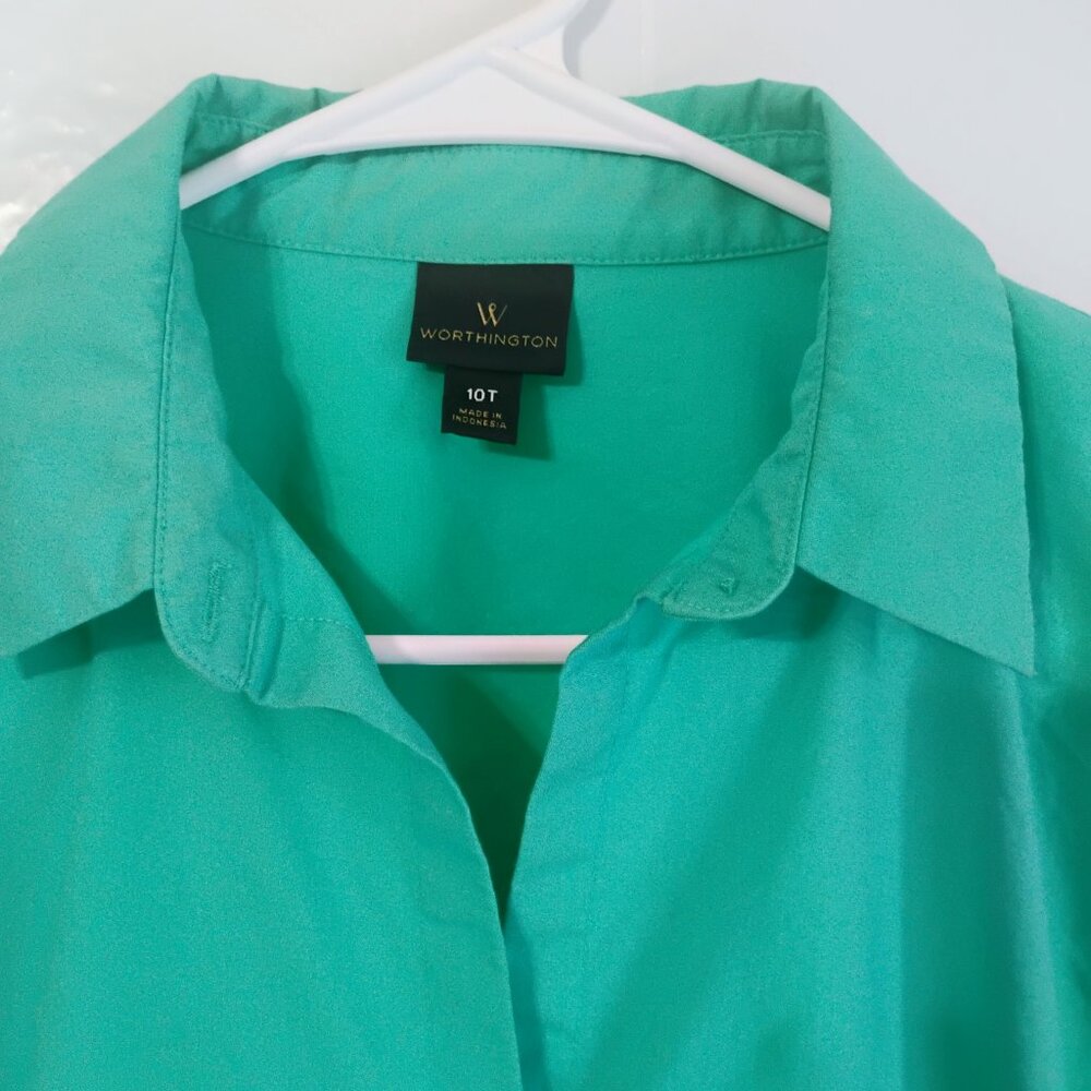 Worthington Teal Button Down Blouse 10T Stretch - Picture 2 of 4